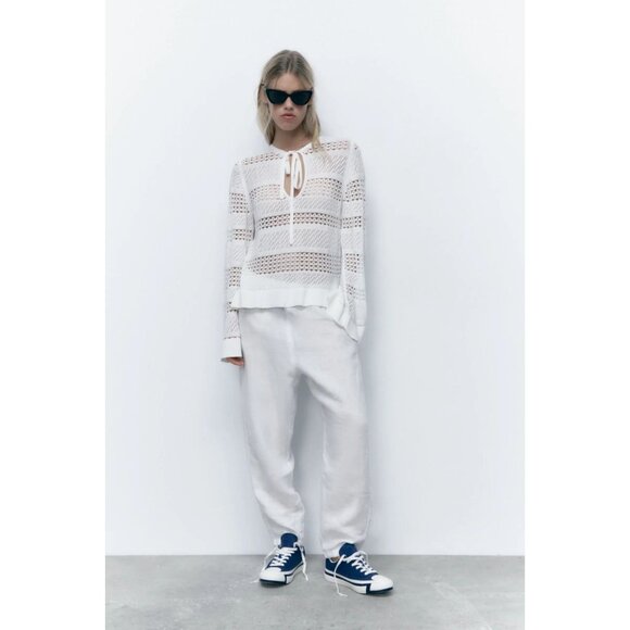 ZARA White Sheer Pointelle Knit Split V-Neck Tunic Top Cover-Up, Size M - Picture 13 of 14